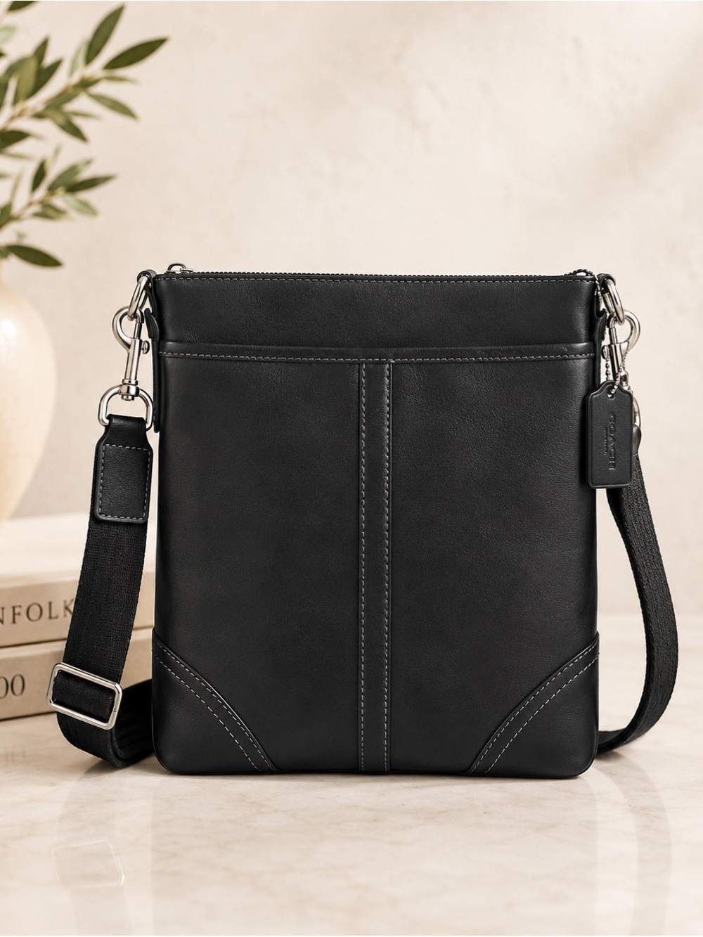 Coach Black Leather Crossbody Bag with Silver Hardware